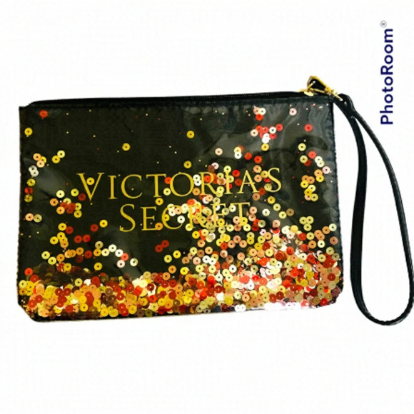 Victoria's Secret Handbags - VICTORIA’S Secret Sequin Wristlet Makeup Bag  Zipper Strap Moving Sequins